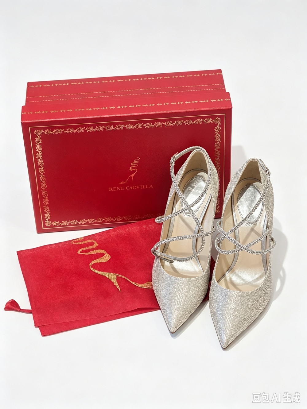Rene Caovilla Champange Glitter Pointed‑Toe High‑Heel Pumps